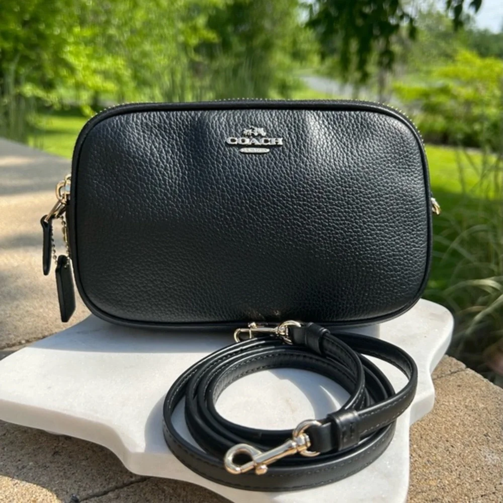 Coach Sadie Double Zip Black Pebbled Leather Crossbody 65547